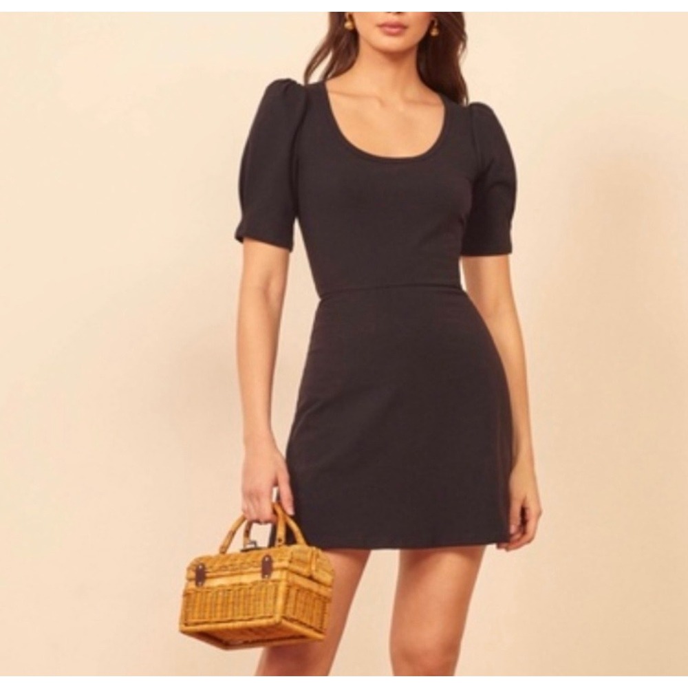 Reformation Jeans Elisha Black Puff Sleeve Organic Cotton Mini Dress M